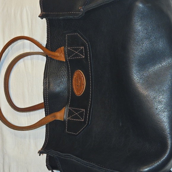 Ted Gilmer Black Leather w Tan Handles Tote Bag w Many‎ Pockets